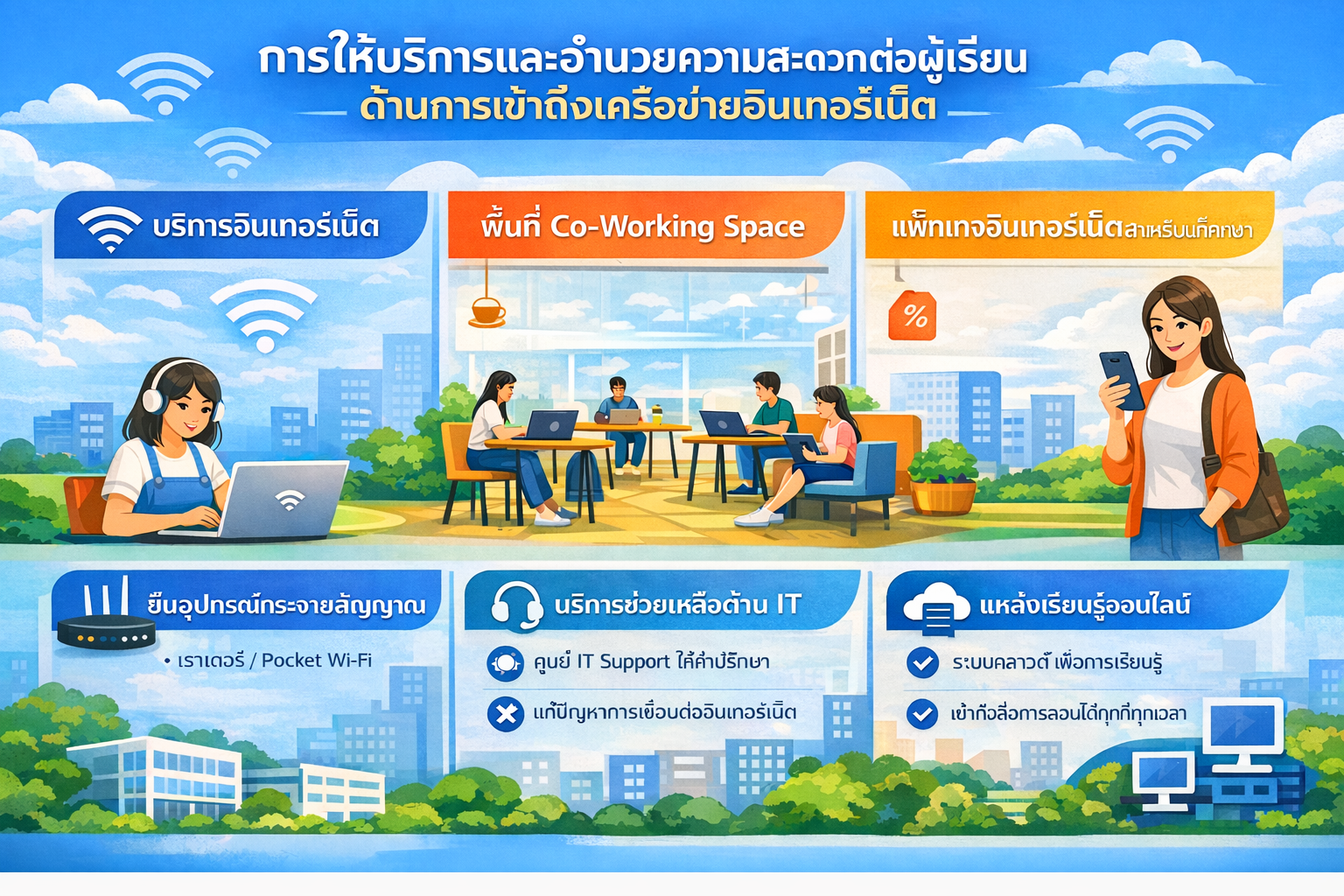 ข้อมูลการให้บริการและอำนวยความสะดวกต่อผู้เรียนด้านการเข้าถึงเครือข่ายอินเทอร์เน็ต