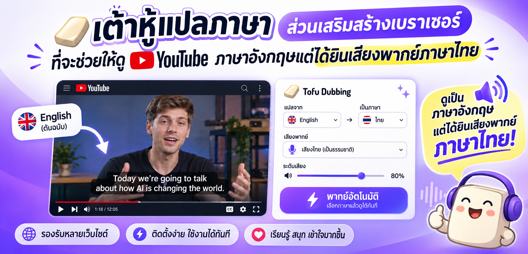 เต้าหู้แปลภาษา (Tofu Dubbing) พากย์ไทยทับวิดีโอแบบ Real-time ด้วยพลัง AI
