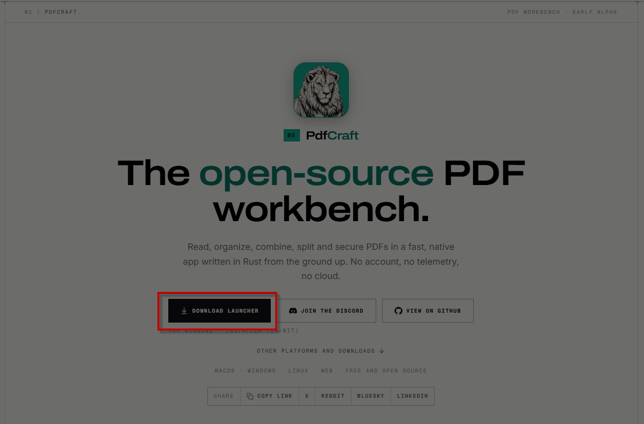 หน้าเว็บไซต์สำหรับดาวน์โหลด PDFCraft